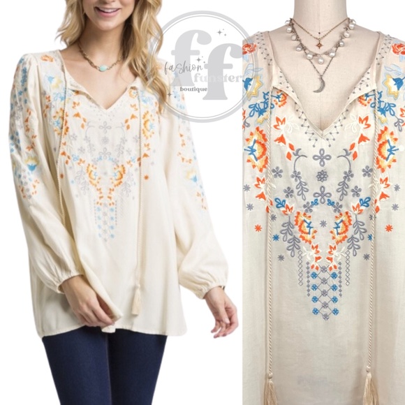 Andree By Unit Embroidered Boho Floral Peasant Flowers Tunic Shirt Blouse Top - Picture 6 of 10